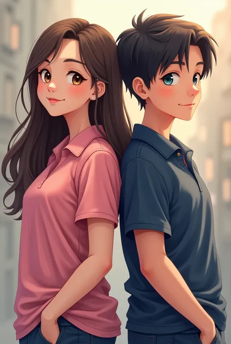 Teenage girl in dark blue and pink polo shirt with shirt collar, Teenage boy in dark blue and pink polo shirt with shirt collar