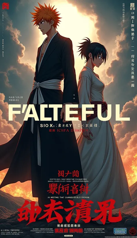  “Create a movie blockbuster poster featuring Ichigo Kurosaki (from Bleach) and Videl with short hair (from Dragonball Super). The title: ‘Fateful Encounter’ should be large and prominently displayed. Directed by [Director]. Rated 18+. Premiering on [Date]...