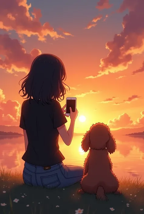 Anime-like image of a woman with shoulder-length wavy black hair, She is wearing a black t-shirt and jeans, with his little brown cocker dog, She takes a photo at sunset with her cell phone, They both have their backs turned, They look at the sunset and si...