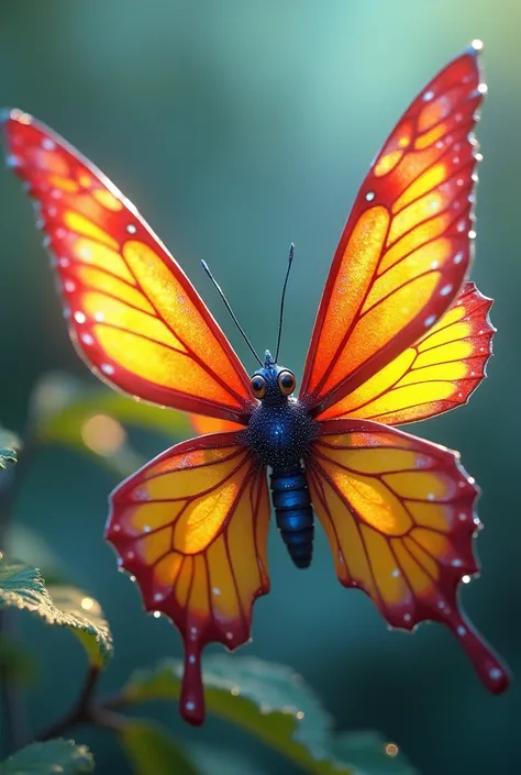 A cute, multicolored butterfly with bright yellow, red, and blue wings."