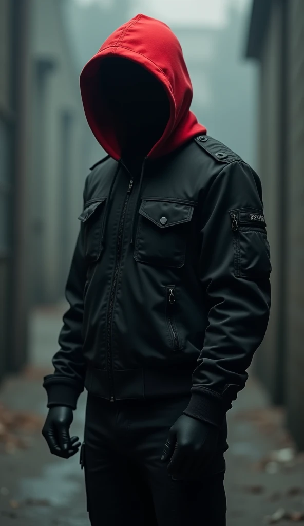 Black cargo with red hoodie with dull background 