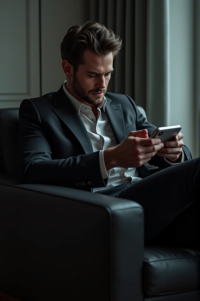 Man in black suit seating on chair and playing mobile game holding mobile horizontaly 