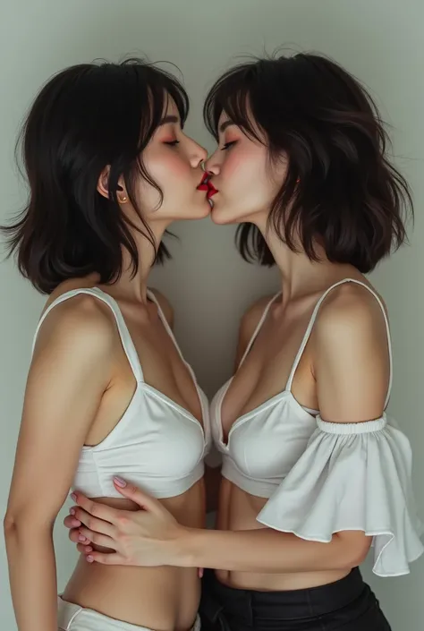 A picture of a 2 Japanese woman wearing a white sexy short-sleeved shirt with a deep neckline. The womans chest can be seen. Kiss. realistic image. Full body.Realistic image