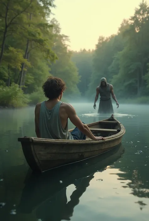 Realistic forest at dawn teenager in a wooden boat in the middle of the lake he is tired and dirty but jason emerges from the lake and attacks the teenager 