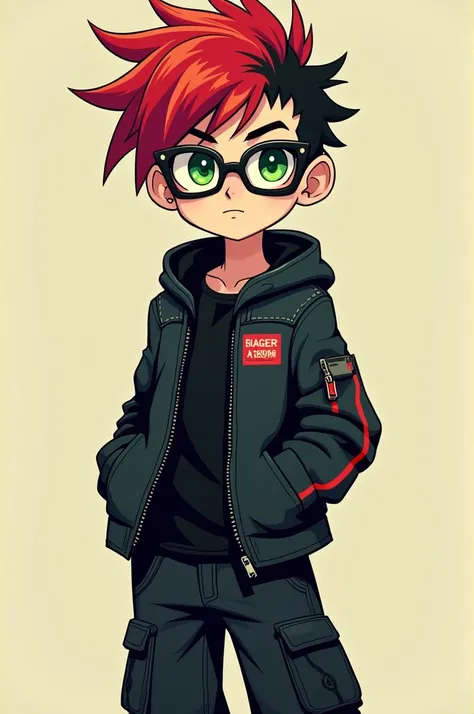  punk cartoon with green eyes black cargo pants emo glasses emo hair with red highlights and emo jacket wallpaper