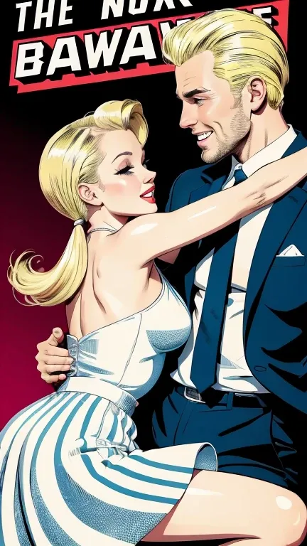 America in the 1950s, 50s illustration style, A beautiful blonde woman with a ponytail is dancing the twist in front of a 50s convertible, Man and woman dancing the twist in American comic book style