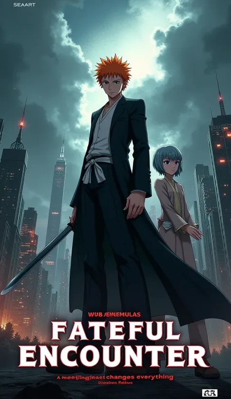  “Create a movie blockbuster poster featuring Ichigo Kurosaki (from Bleach) and Pan with short hair (from Dragonball Super). The title: ‘Fateful Encounter’ should be large and prominently displayed. Directed by [Director]. Rated 18+. Premiering on [Date]. ...