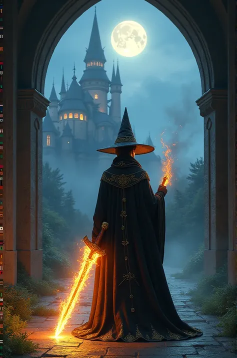 
create a real-style image of a young, handsome wizard smiling, he is wearing a black robe with gold details and a pointy hat with the same color and runes. He holds a black sword with golden runes in his right hand which is on fire., in his left hand he h...