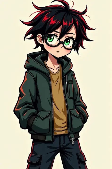  punk cartoon with green eyes black cargo pants emo glasses emo hair with red highlights and emo jacket