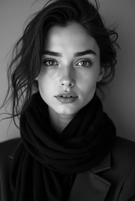 Generate a black and white image of a 20.yr old girl with black scarf. She is standing with a front pose. Her eyes are looking downward. She looks like a professional writer. Her eyes n brows are black and thick. She has thin lips. Round face. Fair and pal...