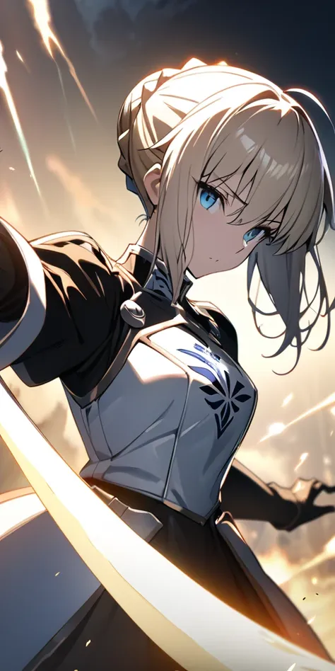 (masterpiece:1.2), (highest quality:1.2), perfect eyes, perfect face, perfect lighting,1girl，to know, holding sword artoria pend...