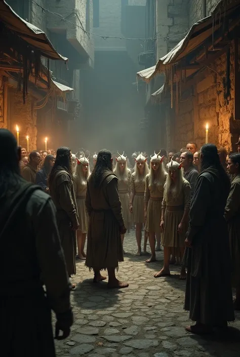 In a black market a group of Haradrim slavers sell Tolkien-style slave elves on the black market