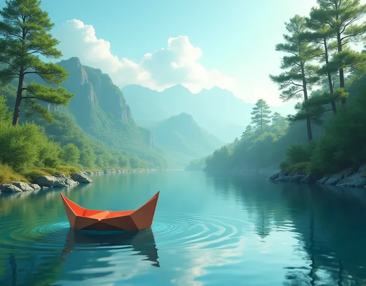 Generate an image, with a paper canoe (origami style) on one side of the image, on a hyperrealistic landscape of a river with pine trees on the sides, seen from the horizon, colorful, resplendent