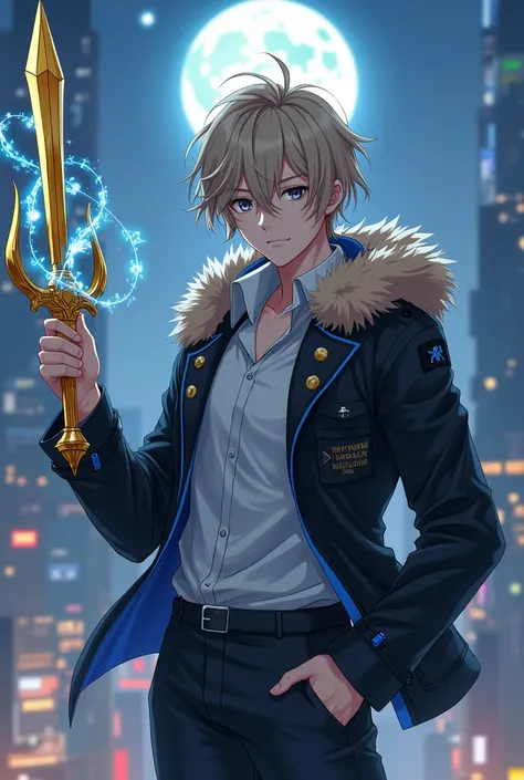 anime oc male, human race, light skin tone with a medium/tall build, the boy is 1.89m tall and appears to be , has disheveled and messy light beige brown hair, has dark gray eyes, wears a white dress shirt and over it a black jacket with blue details on it...