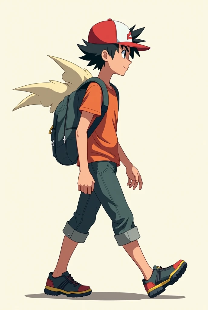 Sacha dans pokemon qui marche vers la droite, vue de profil, sans arrière-plan, âgé de 15 ans, en couleur