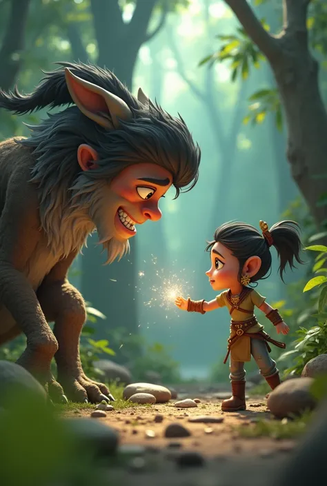 In cinematic 3d realistic cartoon style."Meera extending her hands, channeling magical energy towards the dangerous wild animal, its eyes glimmering with understanding."
