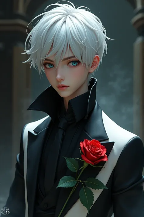 A boy with snowy white hair, deep blue ocean eyes, age 23, with black and white gentleman coat with red rose in the pocket and agent and badass