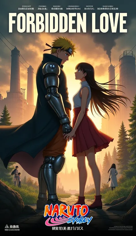 “Design a movie blockbuster poster with Edward Elric (from Fullmetal Alchemist) and Hinata Hyuga (from Naruto). Title: ‘Forbidden Love’ should be large and prominently displayed. From the creators of [Film]. Rated 16+. In theaters from [Date]. Add text suc...