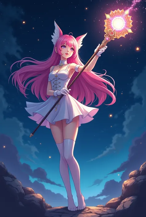 Pink long hair elf anime girl，White Gloves，short skirt dress，white pantyhose，Night sky，Gemstone huge magic wand，Anime comic style