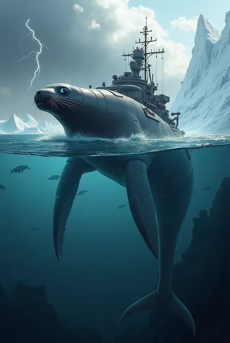 Here’s a detailed prompt for a seal and warship hybrid:

"In the icy waters of a vast ocean, a powerful hybrid creature emerges, combining the sleek agility of a seal with the imposing might of a warship. The front half of the creature resembles a robust s...