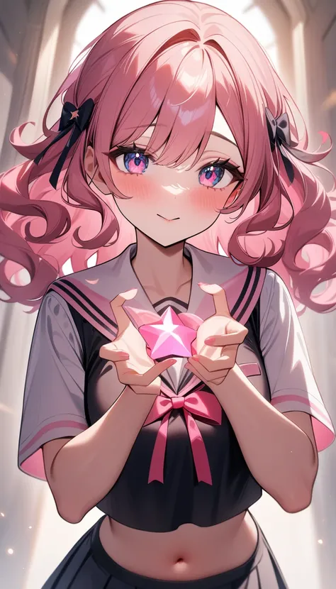 1girl, Pink,, long, curly hair adorned with a ribbon,Eye colour Bright pink, almost sparkling,,school uniform,perfect hands,perfect eyes, masterpiece,very aesthetic,newest,sensitive