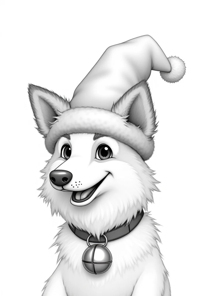 beautiful realistic border collie with big eyes as Christmas elf pointed hat and bell on collar in Peaky Blinders style as coloring picture in black and white
