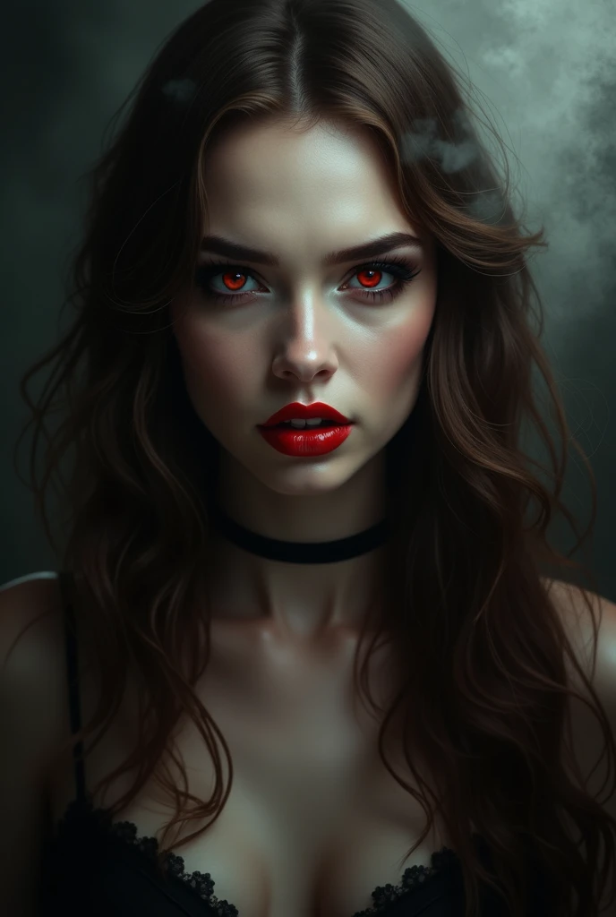 woman with long brown hair and red eyes and red lipstick with vampire fangs