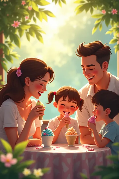 HAPPY FAMILY SHARING ICE CREAM 