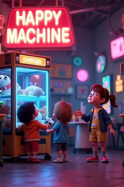 create 3D Pixar style image kids capturing plushies in plush machine shop everyone very happy (all black store full of colorful neon lights with lots of very happy people) happy environment  (black machines with transparent glass, with a three-toothed claw...