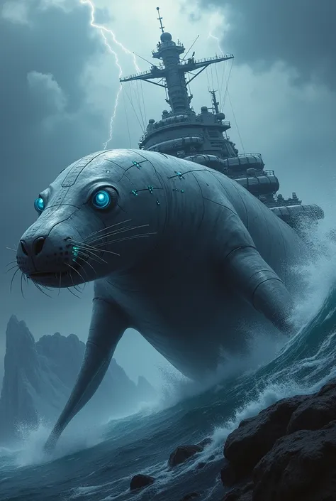 Here’s an even more detailed and refined prompt for a seal and warship hybrid:

"In the midst of a stormy ocean, a futuristic hybrid emerges—a powerful combination of the sleek, graceful form of a seal and the devastating firepower of a warship. The creatu...