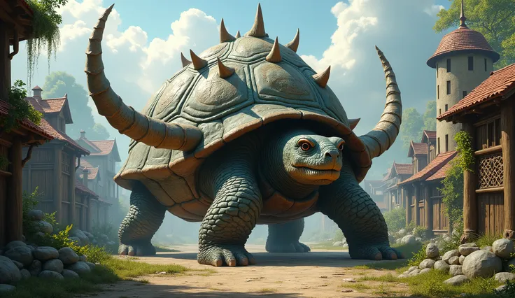 There is a big turtle with horns on its back at the location of the village