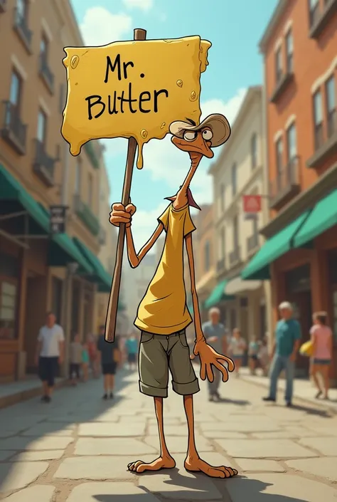 Cartoon of a skinny, drunk butter seller holding a sign that says Mr. Butter