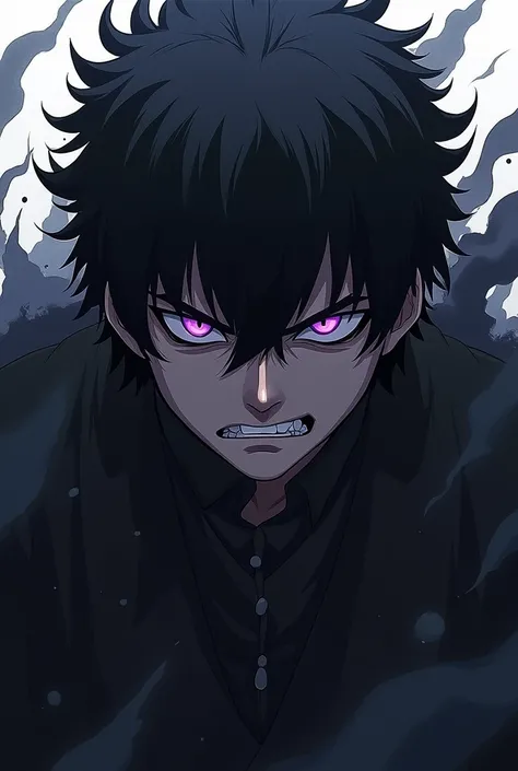 (masterpiece) anime character, full body picture, normal height, best quality, baggy intimidating eyes, male, black messy hair with bangs covering eyes, intimidating presence, intense intimidating dark aura around body, fierce purple eyes, small scar on li...