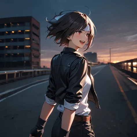 (8K, RAW Photography, Top Quality, Masterpiece:1.2), 1 girl, 3 days, dark hair, short cut, red eyes, dark skin, back view, ((black leather jacket with rolled up arms)), fingerless gloves, white T-shirt, ((white headband)), long black pants, white shoes, br...