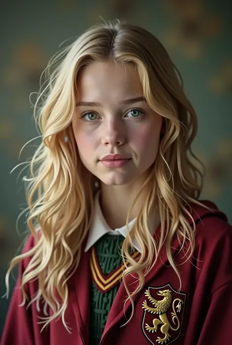 A girl, green eyes, bloned wavy long hair, pink lips, button nose, realistic, gryffindor uniform