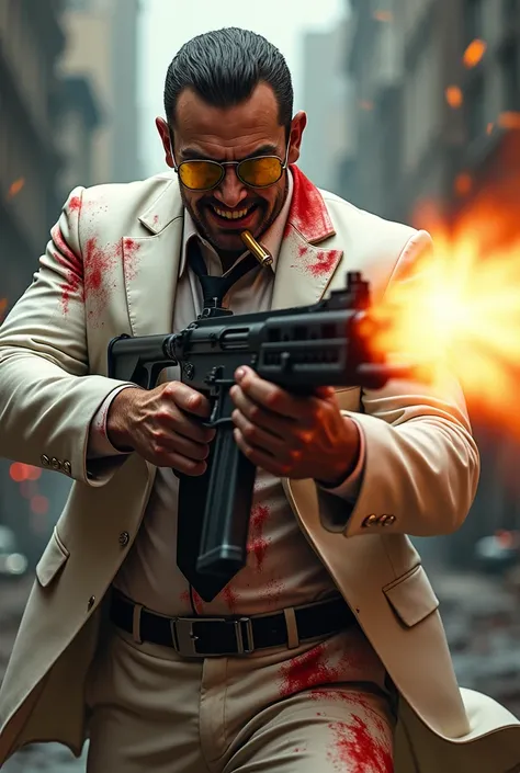 A muscular man wearing a white suit covered with blood wearing broken yellow sunglasses smoking a cigar with an evil smile and shooting a machine gun