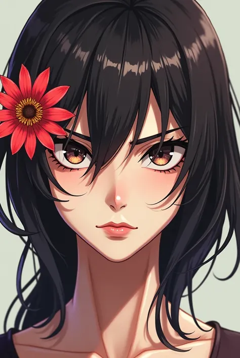 drawing of a woman with a flower on her face, anime styled, jojo anime style, detailed anime face, anime face, hisoka, highly detailed angry anime face, anime inspired, face anime portrait, angry look, stern look, pretty anime face, yayoi kasuma, anime sty...