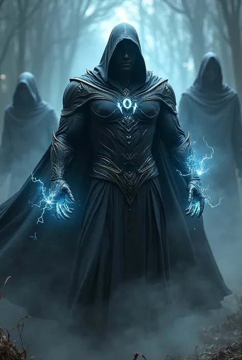 Generate a costume image of a superhero who has the power of necromancer and has the power of strongest sorcerer