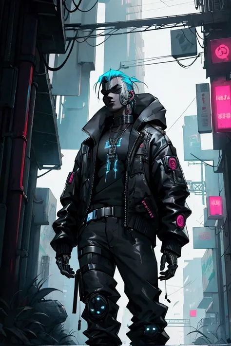 Man with some cyberpunk style cybernetic implants, wearing cyberpunk style clothes, cyberpunk style city in the background, 2D DRAWING, 2D ART, 2D STYLE