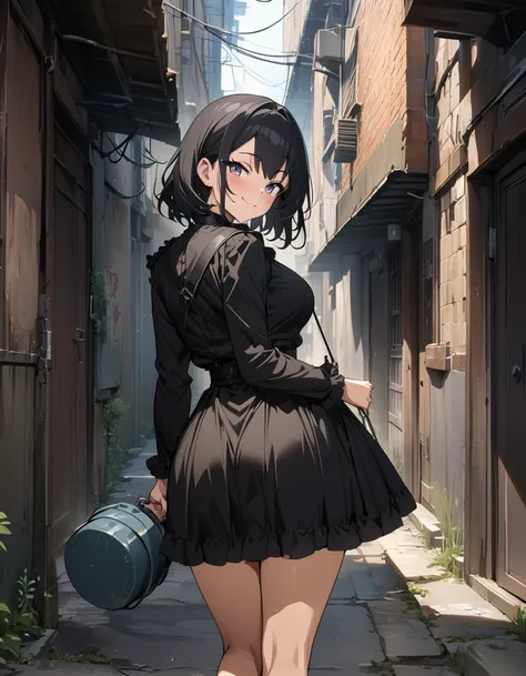 masterpiece, best quality, extremely detailed, anime, Girl, short black hair, (((holding a landmine))), ((black military lolita costume)), smile, back alley