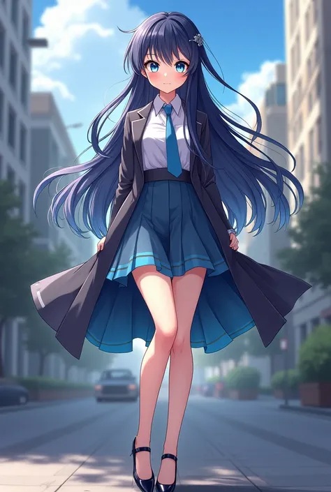 Anime girl standing on city street with long hair and blue eyes, trending in ArtStation Pixiv, purple eyes, blue tie, beautiful (detailed eyes, detailed face,) Ahegao, euladef, noble temperament, high heels, no watermark