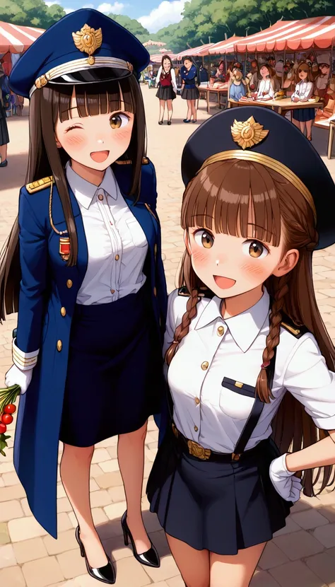 {Best Quality}, {Very beautiful},{Ultra fine},{Best illustration},Brown Hair,Hime cut,Long Hair,Braids,Standing Woman,Woman guarding,Adult women,smile,Excited face,Wink,Uniform cap,White Shirt,Short sleeve,long black skirt,White gloves,Around town,festival...