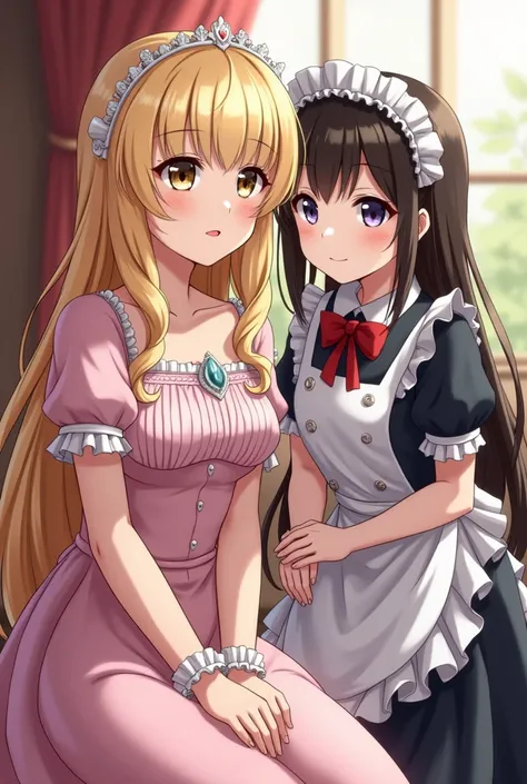 A blonde princess sitting and a dark haired maid standing, detailed anime style