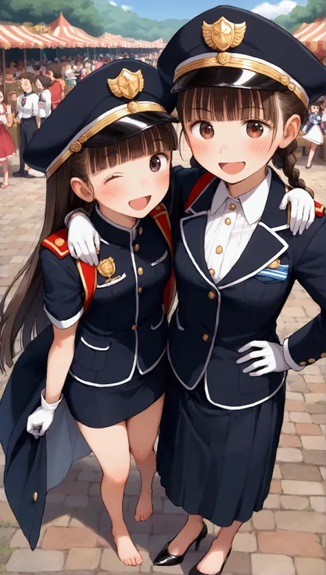 {Best Quality}, {Very beautiful},{Ultra fine},{Best illustration},Brown Hair,Hime cut,Long Hair,Braids,Standing Woman,Woman guarding,Adult women,smile,Excited face,Wink,Uniform cap,White Shirt,Short sleeve,long black skirt,White gloves,Around town,festival...