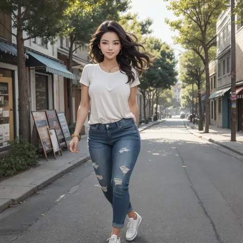 In the foreground, a woman strides confidently down a sunny street.  She appears to be in her mid-twenties, with a warm smile playing on her lips. Her fair complexion is flushed with a healthy glow, and her soft features are framed by a cascade of [hair co...