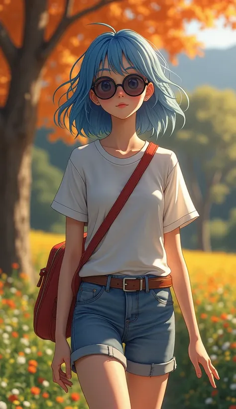 there is a woman with blue hair and sunglasses walking in a field, realistic anime 3 d style, style anime, anime style. 8k, anime vibes, 2 d anime style, anime inspired, photorealistic anime girl render, anime style, anime styled 3d, anime realism style, r...