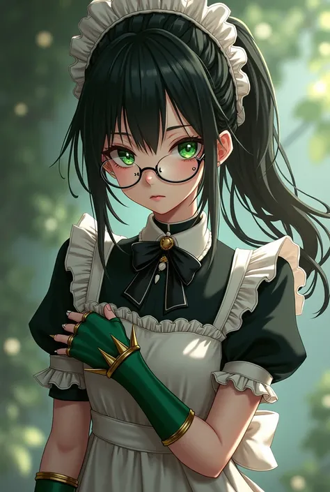 highres, sharp focus, pixiv masterpiece, ((intricate details)), highly detailed, yuri alpha, 1girl, black hair, (green wristband, green gauntlets, spikes,:1.1) glasses, green eyes, maid, single hair bun, dress, choker, bowtie, maid apron, 