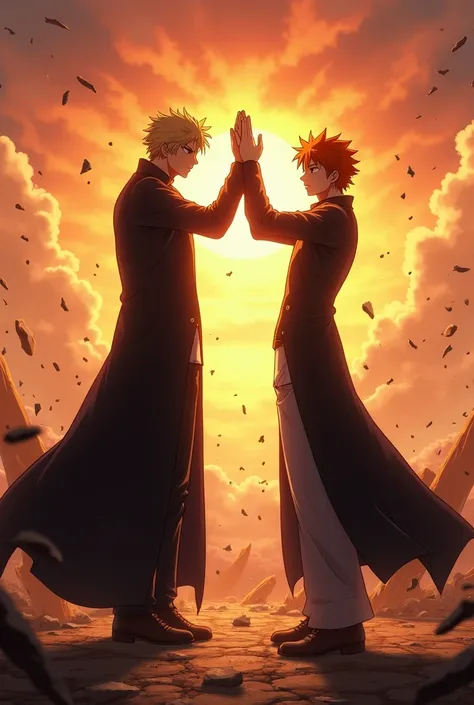 Ichigo and aizen doing a high figh after defeating yhwach