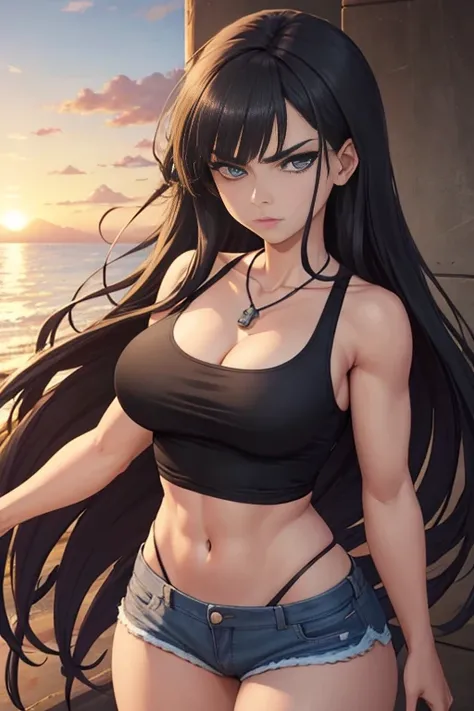 Cel-shaded, color manga, seed 156378292, the background is a sunset harbor. The character is a beautiful woman with long black hair and sharp eyes. Her hair is flowing in the wind, reaching her shoulders with a smooth texture. Her face has a sharp contour,...