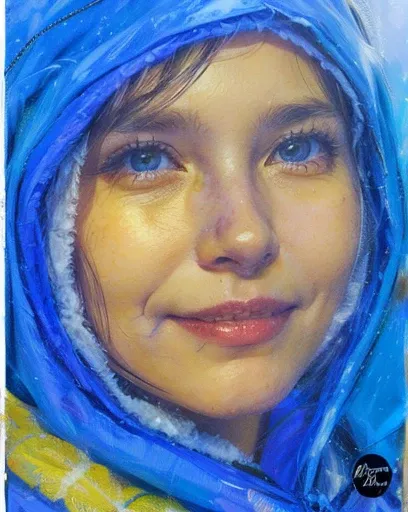 woman, French, 40 years, blue cloak over the head,mysterious smile, beautiful,  realistic 